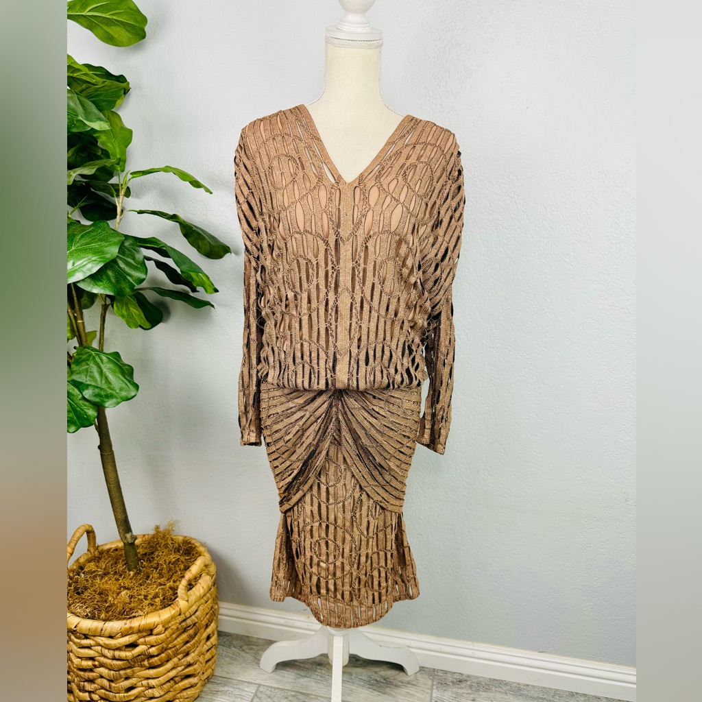 Vtg Damianou Maxi Dress Womens Medium Metallic Gold Floral Knit Drop Waist